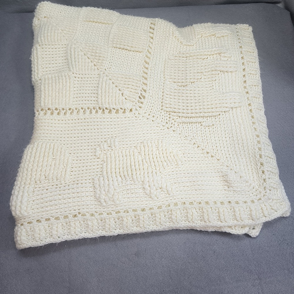 Handmade Knit Baby Blanket Cream Animals Checkerboard Vintage Unisex 35x35